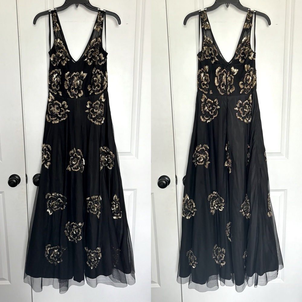 Aidan Mattox Black Tulle Gold Floral Beaded V-neck A-line Maxi Dress Gown 4